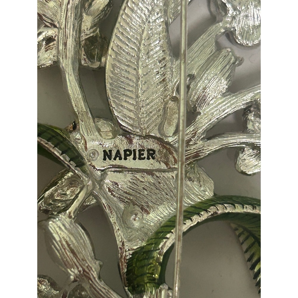 Napier Vintage Floral Bouquet Brooch Silver Tone Green Enamel Flower Pin #700 - Picture 2 of 4